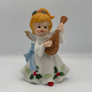 Vintage 1970s Homco 5551 Christmas Angel Figurine Mandolin Lute Porcelain